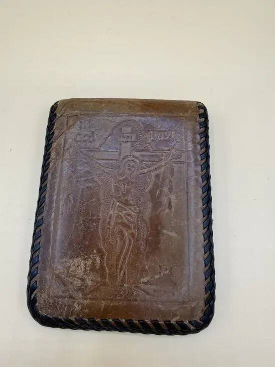 Vintage Leather Lord’s Prayer Wallet Jesus Crucifix Hand Tooled Billfold