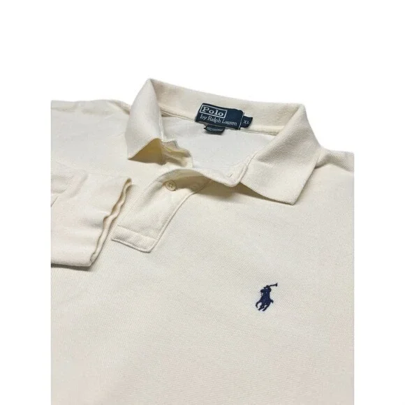 Polo Ralph Lauren Long Sleeve Polo Men XL Cream‎ Cotton Pique Navy Pony Logo