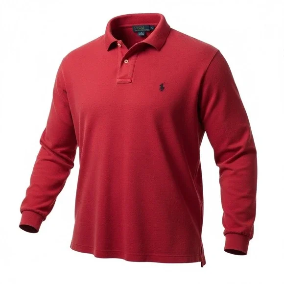 Polo Ralph Lauren Mens XL Red Long Sleeve Pique Polo Shirt Navy Blue‎ Pony Logo