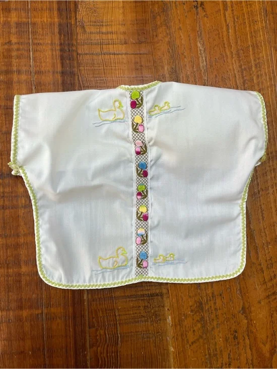 Vintage Baby Bib Smock with Embroidery, Green Trim & Buttons
