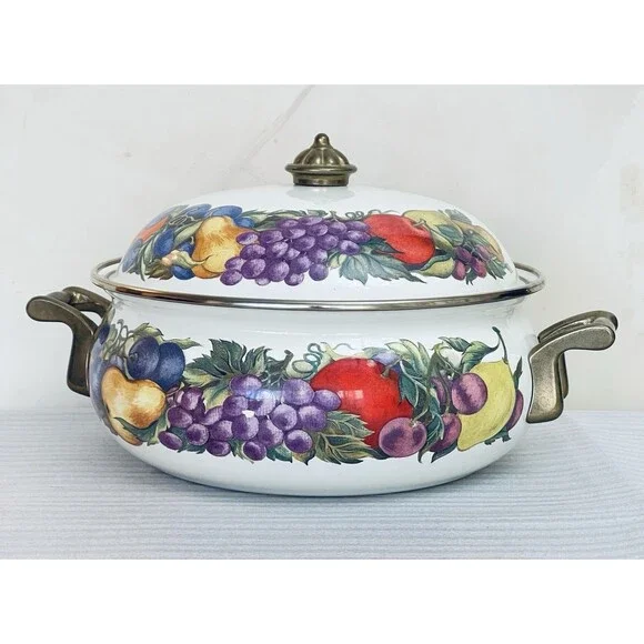 Cornucopia Enamel Dutch Oven Stock Pot 2.5 Qt Brass Handles Fruit Design
