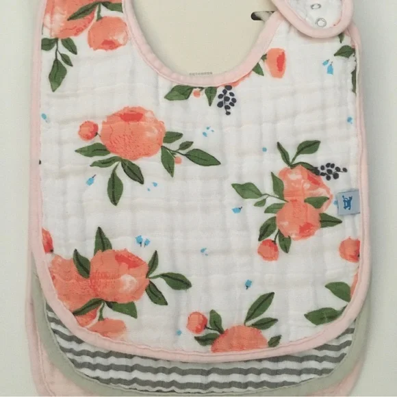 NEW Cotton Muslin Bib Set of 3 Floral Stripes Solid | Little Unicorn