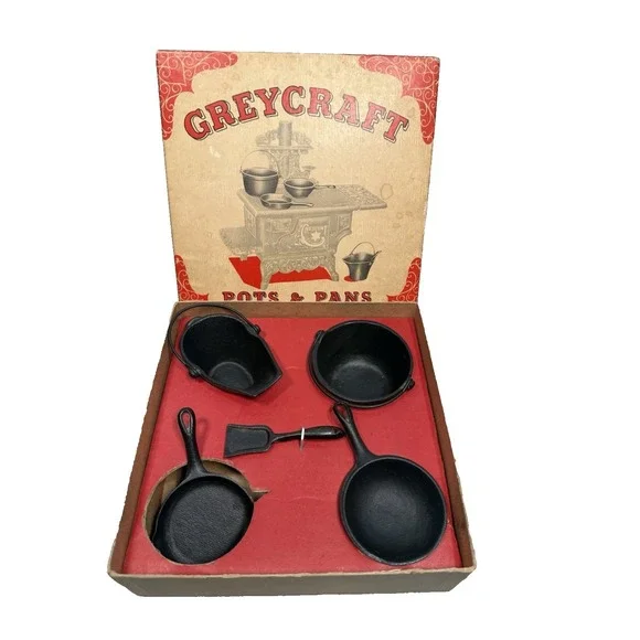 VTG Greycraft Miniature Cast Iron Pots & Pans Set w Box Dollhouse Toy Cookware