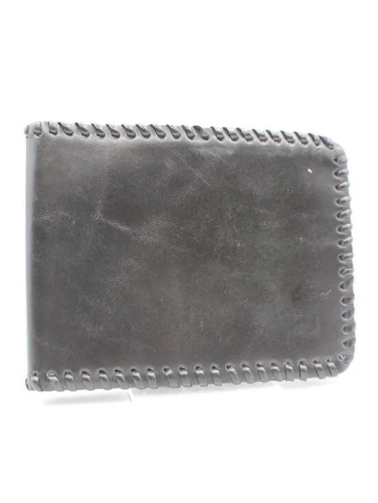 Large Stitched Border Black Leather Bi-Fold Wallet ID Window Card Slots Vintage