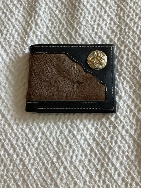 Men's Black and Brown Haircalf Bifold Wallet with Gold Medallion