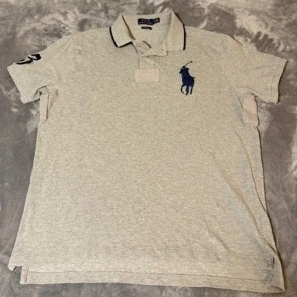 Polo Ralph Lauren Mens XL Big Pony Custom Fit Polo Shirt Gray Navy Blue Vintage