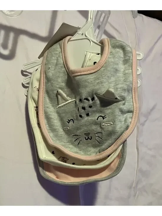 Baby Girl Bib Set 3 Pack Cute Kitty Cat Pink Gray Soft Feeding Bibs Infant Nwt