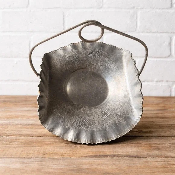 Hammered‎ Aluminum Basket Floral Embossed Loop Handle Designed Aluminum 1940s
