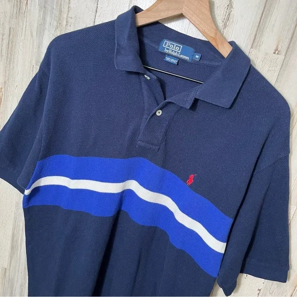 Vintage Polo Ralph Lauren Navy Stripe Short Sleeve Knit Polo Shirt Mens‎ Medium
