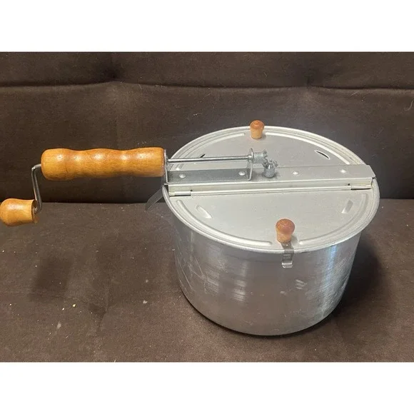 Vtg Whirley Red Pop Popcorn Maker-‎ Aluminum Stovetop Popper, Wood Hand Crank