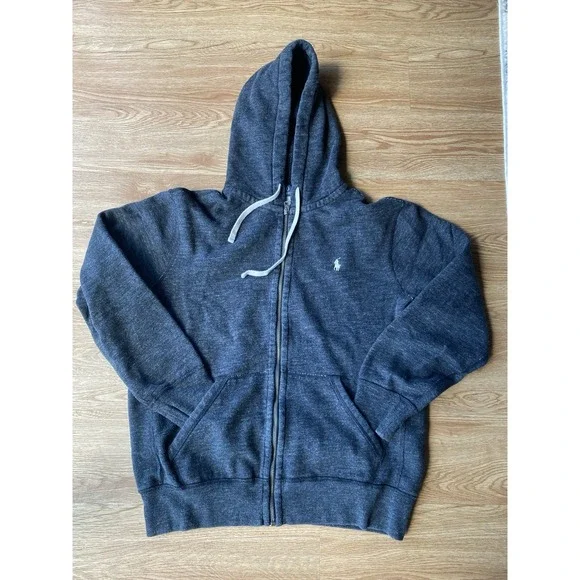 Polo Ralph Lauren Zip Up Hoodie Size M Heather Charcoal Dark Gray White Pony