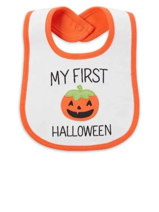 Baby My First Halloween Bib White Orange Water Resistant Snap Closure