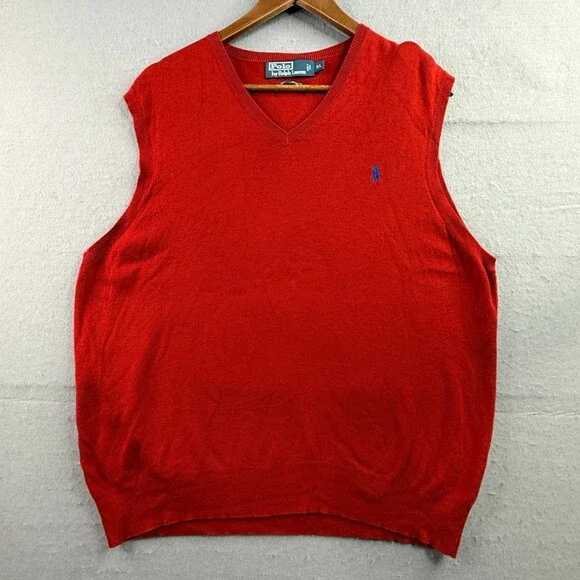 Polo Ralph Lauren Mens XL Red 100% Pima Cotton V-Neck Sweater Vest Blue Pony