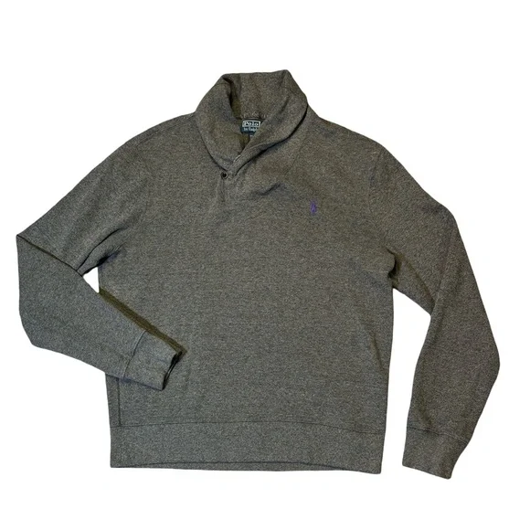 Polo Ralph Lauren mens L Large gray solid shawl collar 100% cotton sweater EUC