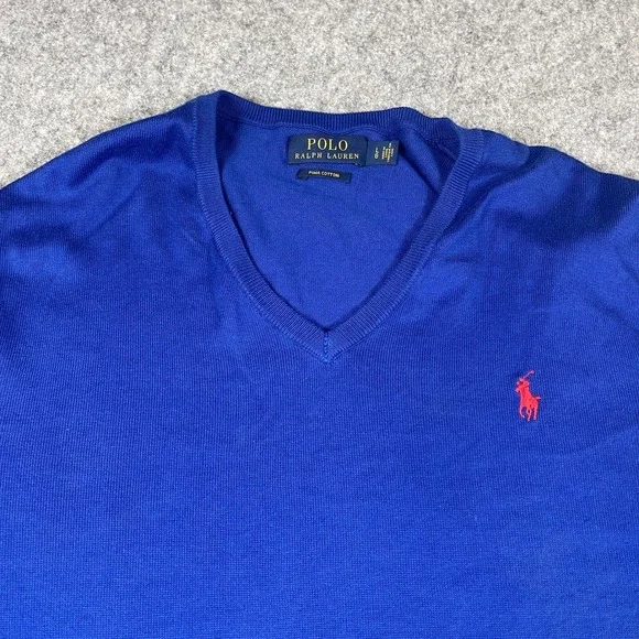 Polo Ralph Lauren Men's Large Pima Cotton V-Neck Knit Sweater Blue Red Pony