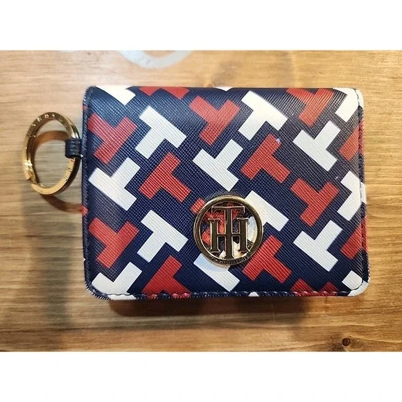 TOMMY HILFIGER LEATHER WALLET W/keychain Red White & Bluw‎