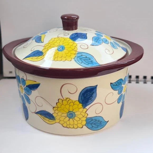 Temp-Tations Yellow & Blue Floral 1 Qt Casserole Presentable Ovenware Crock