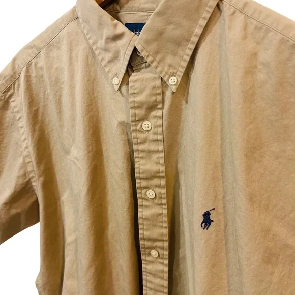 Polo Ralph Lauren Blake Mens Large Khaki Tan Short Sleeve Button Cotton Shirt