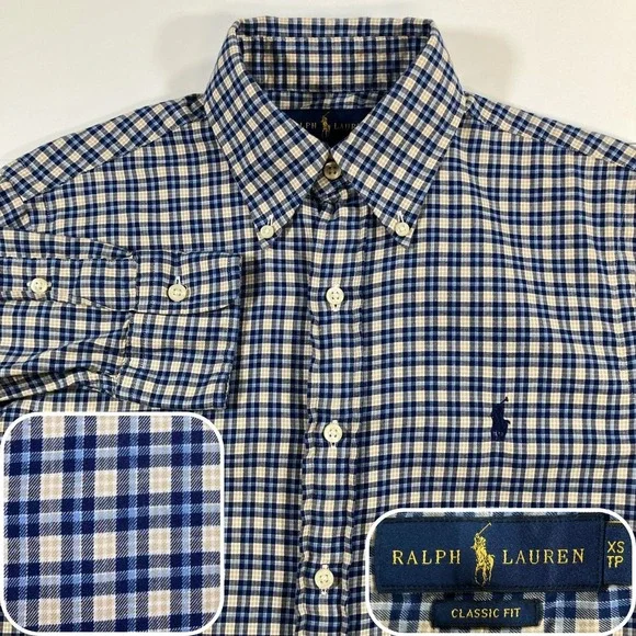 Polo Ralph Lauren Shirt Mens XS‎ Blue Tan Plaid Button Down Classic Fit