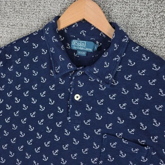 Vintage Polo Ralph Lauren Mens Large Blue Anchor Print Short Sleeve Polo Shirt L