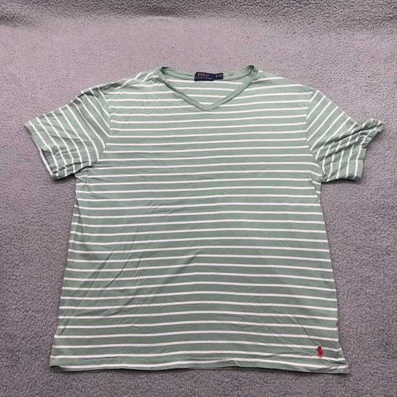 Polo Ralph Lauren 10086 Mens Size XL Sage Green S/S Striped V-Neck Shirt RN41381