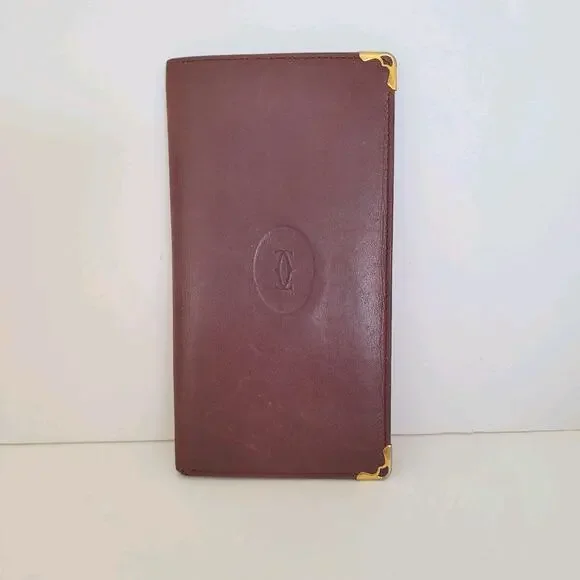 Cartier Vintage Bifold Leather Bordeaux Red Wallet Large Credit Card Checkbook