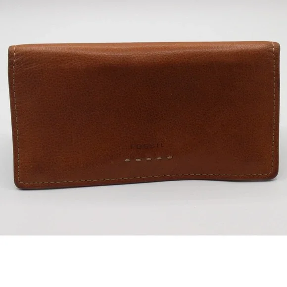 Fossil Mens Brown Leather Bifold Checkbook Cover Wallet with Zipper Pocket Tan