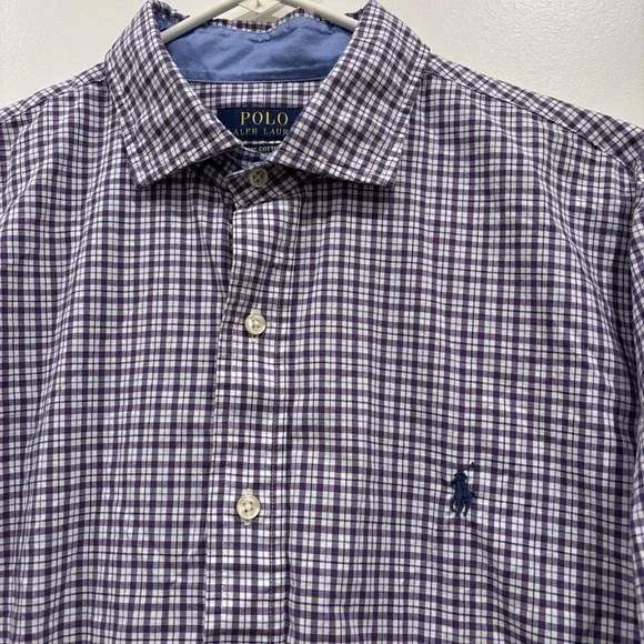 Polo Ralph Lauren Mens Cotton‎ Stretch Button-Up Shirt L Purple Blue Check Plaid