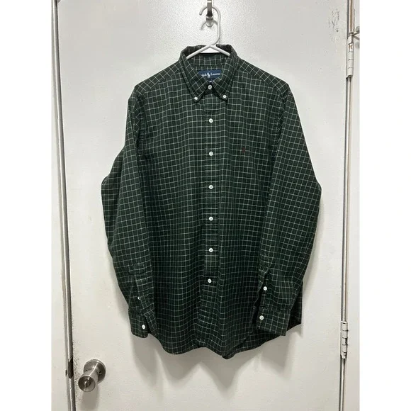 Polo Ralph Lauren Shirt Mens XL Green White Grid Check Button Down Long Sleeve