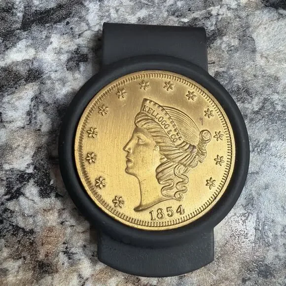Vintage Gold-Plate Money‎ Clip with Kellogg & Co. 1854 Liberty Head Faux Coin