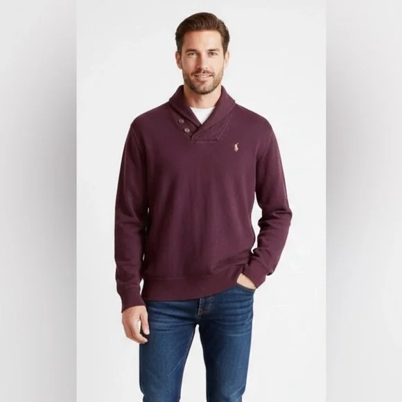 Polo Ralph Lauren Estate Rib Shawl-Collar Sweater Cotton Pullover Size L Maroon