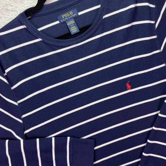 Polo Ralph Lauren Mens Sleepwear Sz Large Navy Blue White Striped Thermal Shirt