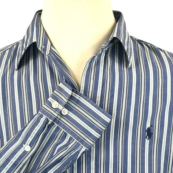 Polo Ralph Lauren Mens Andrew Shirt 16.5 34/35 Blue White‎ Striped Cotton L/S