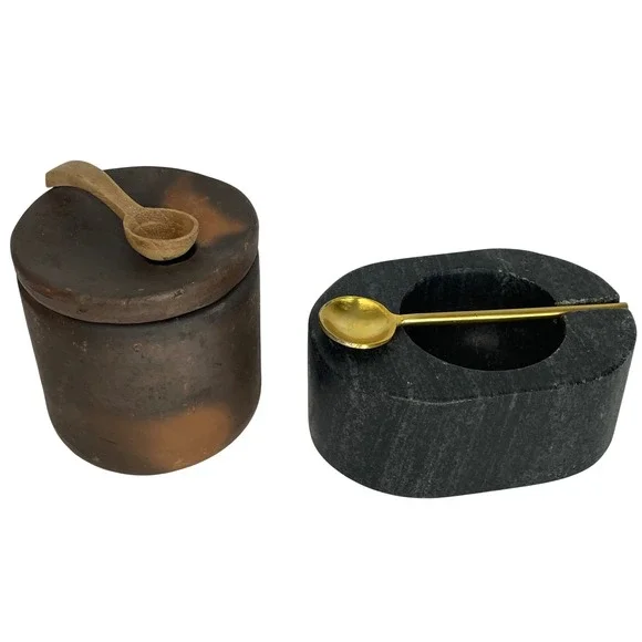 Artisanal Salt Cellar Set Smoke Fired Clay and Carved Stone with Spoons
