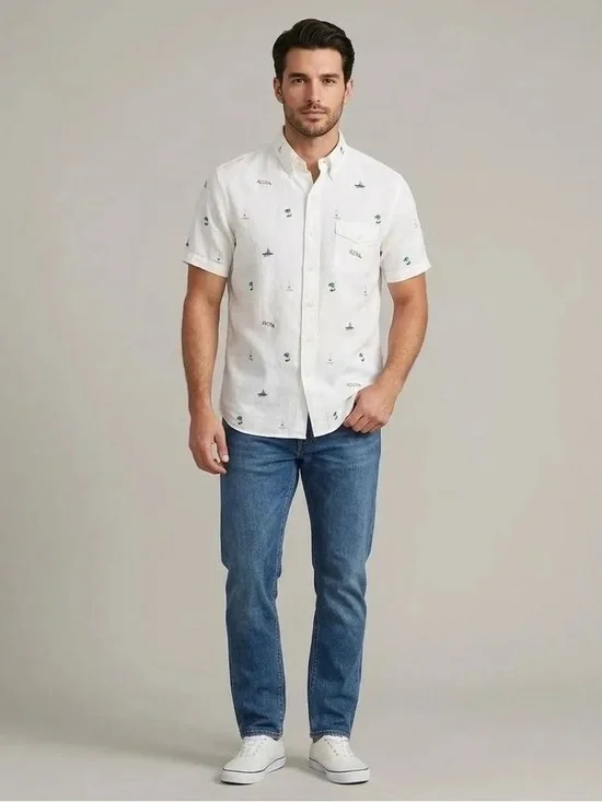 Polo Ralph Lauren Men's White Aloha Embroidered Short Sleeve Button Down Shirt L