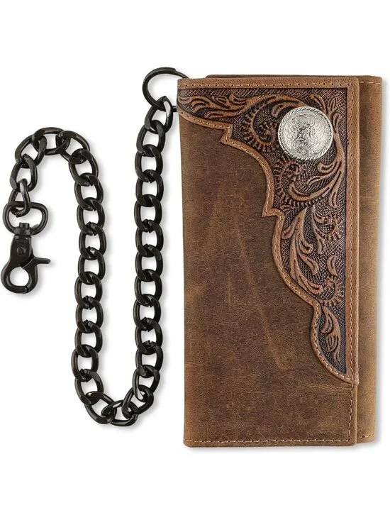 Classic RFID Blocking Men's Tri-Fold Leather Wallet with Steel Chain - Brown