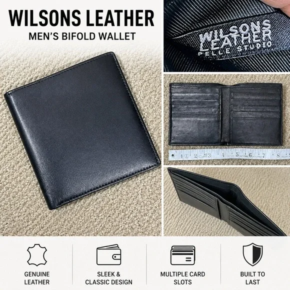 Wilsons Leather Bifold Wallet Mens Minimalist Sleek Black Pelle Studio 8