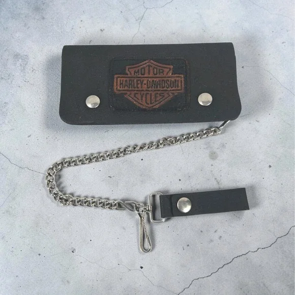 Vtg 80s Harley Davidson Black Leather Wallet w Patch Logo & 12