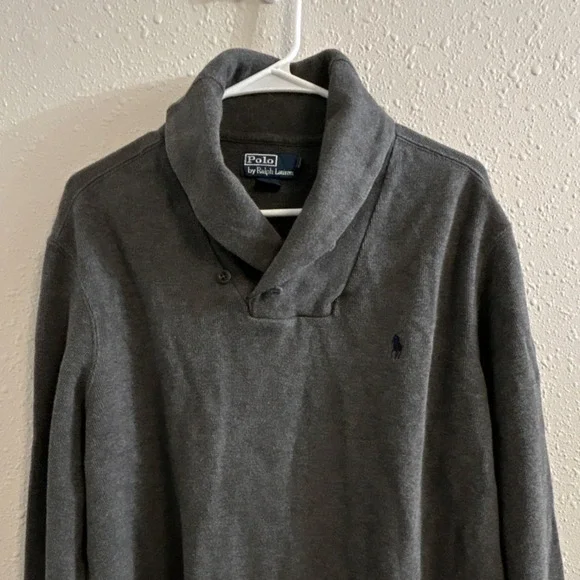 Polo Ralph Lauren Gray Shawl Collar herringbone‎ Knit Pullover Men's Size L Y2K