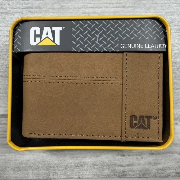 CAT CATERPILLAR GENUINE LEATHER BI-FOLD RFID SHIELD MEN WALLET COLOR TAN NEW