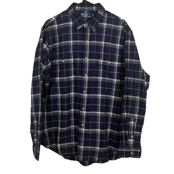 Polo Ralph Lauren Shirt Mens XL Blue Plaid‎ Workshirt Long Sleeve Pockets
