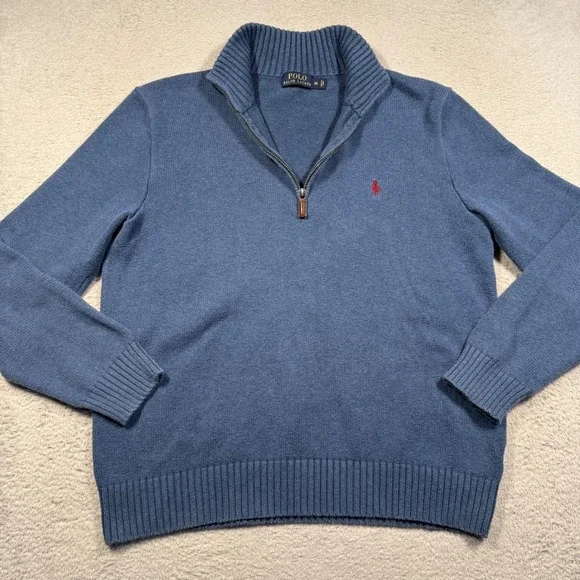 Polo Ralph Lauren Quarter Zip Sweater Mens M Blue Cotton Red Pony Preppy Classic