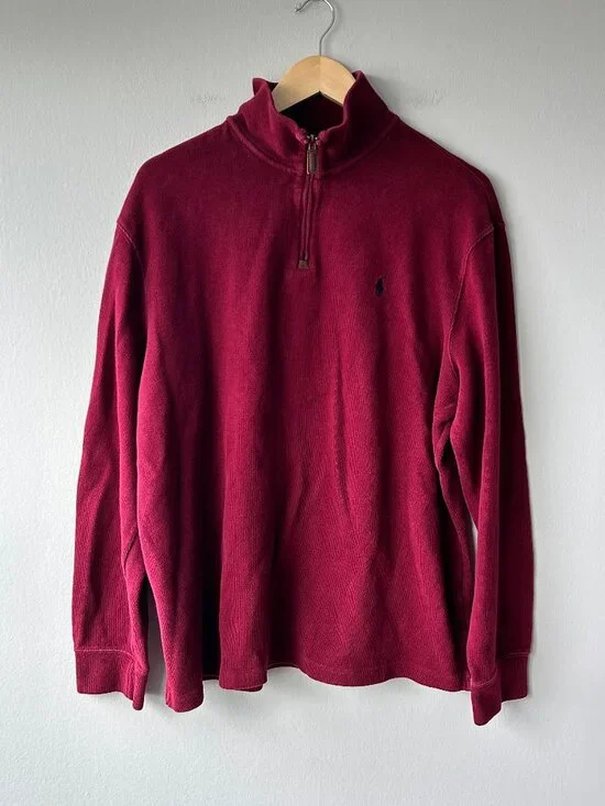 Polo Ralph Lauren XL Burgundy Quarter Zip Sweater Cotton Pony Logo Pullover