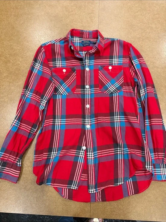 Polo by Ralph Lauren Red, Blue and Black Plaid 100% Cotton Button-Down Shirt S