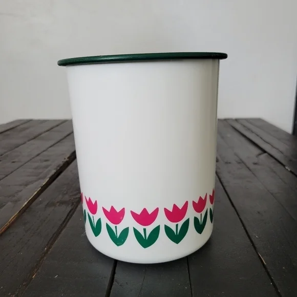 Tupperware Vintage White Plastic Canister Jar Green Lid Pink Tulips Flowers