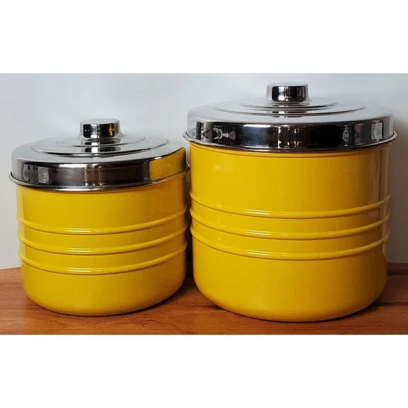 Vintage Pier 1 One Retro Diner Yellow Chrome Silver Metal Nesting Canister‎ Set