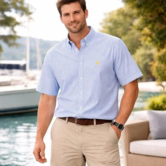 Polo Ralph Lauren Shirt Mens XL Blue White Pinstripe Short Sleeve Preppy Classic