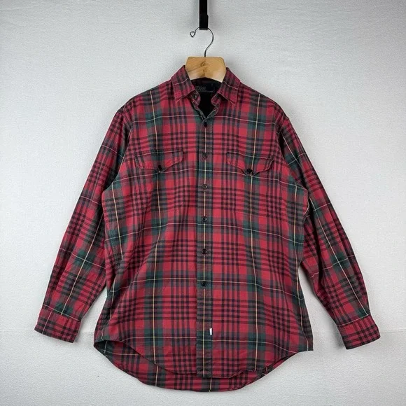 90's Vtg Polo Ralph Lauren Tartan Plaid Wool‎ Blend Flannel Shirt Men's M Red