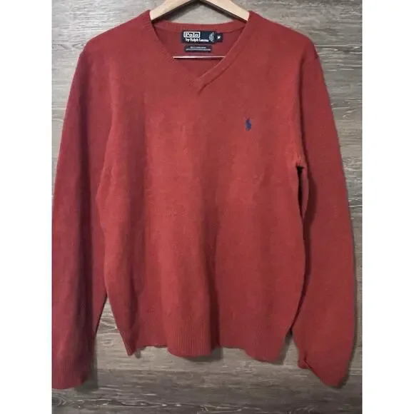 VTG Polo Ralph Lauren Classic 100% Lambswool Italian V-Neck Sweater Sz M Orange