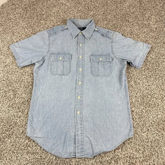 Polo Ralph Lauren Chambray Shirt Mens Medium Blue Epaulets Utility Safari SS